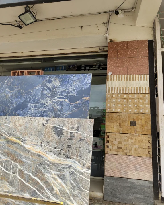 Marble-look large-format floor and wall tiles on display at Shri Tiles
